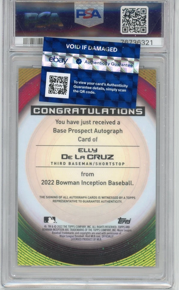 2022 Bowman Inception - RC Auto Elly De La Cruz Fuchsia Foil 75/75 PSA 10 - Image 2 of 2