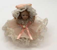 VINTAGE Dollhouse Miniature Auburn Girl Doll in Lace Peach Dress 2.5"