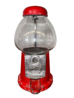 Vintage Red Cast Iron Gumball Machine With Glass Globe & Coin Mechanism