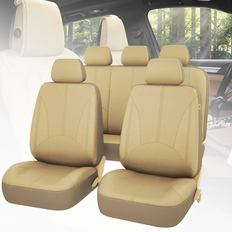 For Toyota Car Seat Cover Full Set PU Leather 5-Seats Front&Rear Protector Beige - Image 2 of 4