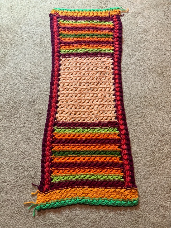 Vintage 70s Granny Knit Autumn Crochet Afghan Blanket TABLE RUNNER Stripe Boho - Image 4 of 4
