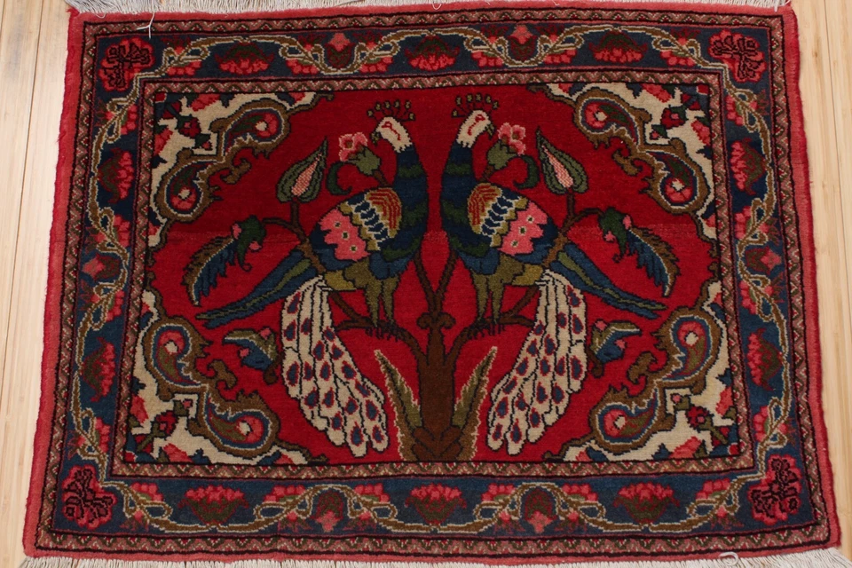 Винтажный восточный ковер-павлин ручной вязки Darjazin Hamadan 36 дюймов x 26 дюймов - Изображение 2 из 4