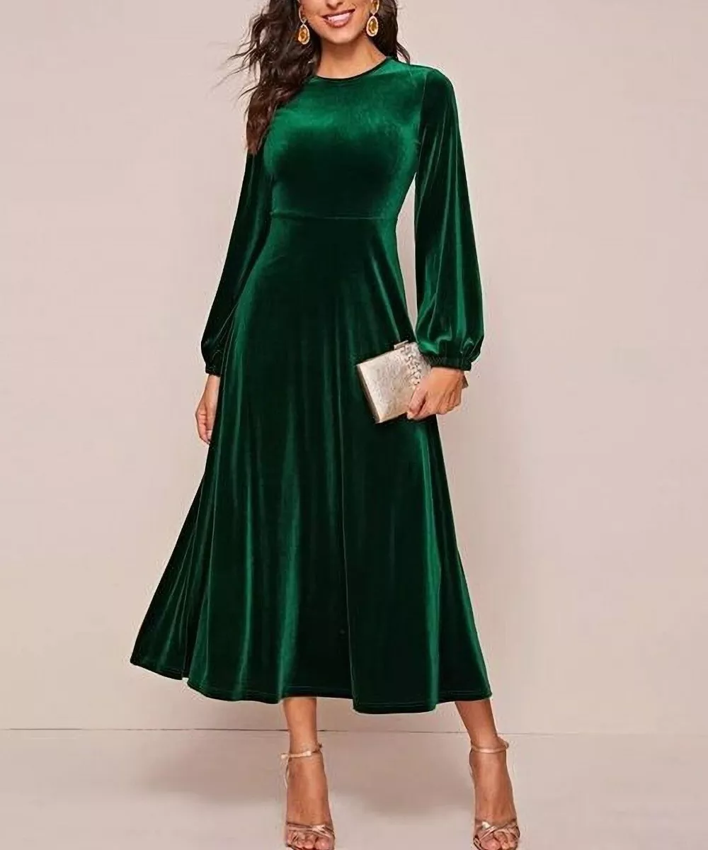 Womens Emerald Green Velvet Dress Fit and Flare Evening Prom Party Wear  Dresses