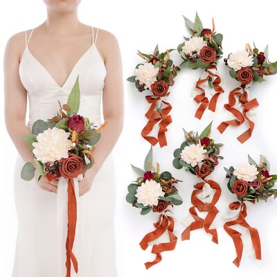 Ling's Moment Terracotta Bridesmaid Bouquet Set of 6, Burnt Orange Bridal Bou...