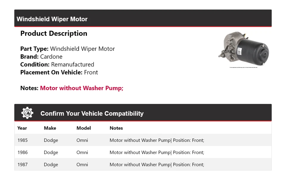 For 1985-1987 Dodge Omni Windshield Wiper Motor Front Cardone 1986 - Image 2 of 4
