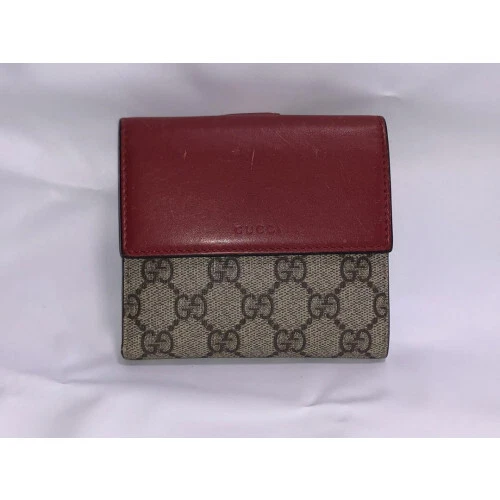 Portefeuille compact double pli GUCCI GG Supreme cuir beige rouge vintage 2195