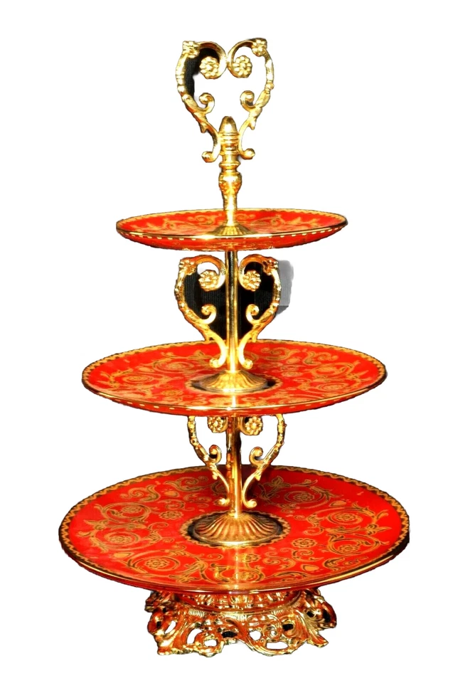 MURANO Art Glass 3-Tier Footed Tray Red/Gold by Decotech Hand Made Italy New - Image 2 of 4