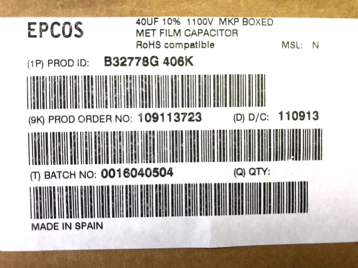40uF 1100V, 105 °, 10%,40µF,105 °,DC-LINK, MKP,EPCOS,B32778G0406K000, 2 Stück eB 40uF 1100V, 105 °, 10%,40µF,105 °,DC-LINK, MKP,EPCOS,B32778G0406K000, 2 Stück eB