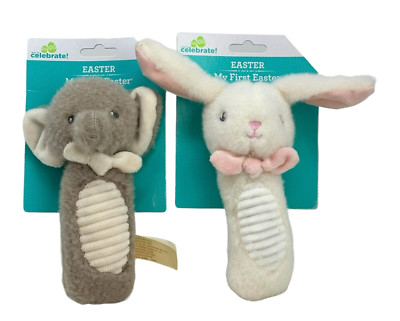 MY FIRST EASTER Lot 2 Bunny Elephant Plush Rattles Wal-Mart NEW 2021 Celebrate