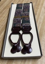 Vintage Trafalgar Suspenders Paisley Green Adjustable Brass New In Box