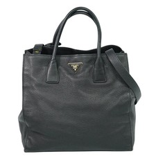 PRADA Leather 2way Shoulder Tote Handbag Black Gold