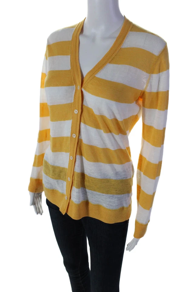 Lafayette 148 New York Womens Linen Yellow Striped V-Neck Cardigan Top Size S - Image 2 of 4