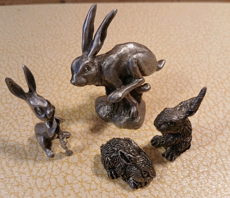 Lot Of 4 Vintage Pewter Rabbits•Hudson Fine Pewter•small Pair•funny Bunny Carrot