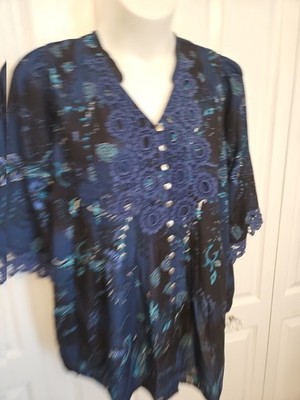 Roaman's Women 22W Plus Size Blue Floral Crocheted Lace Loose Fitting Comfort