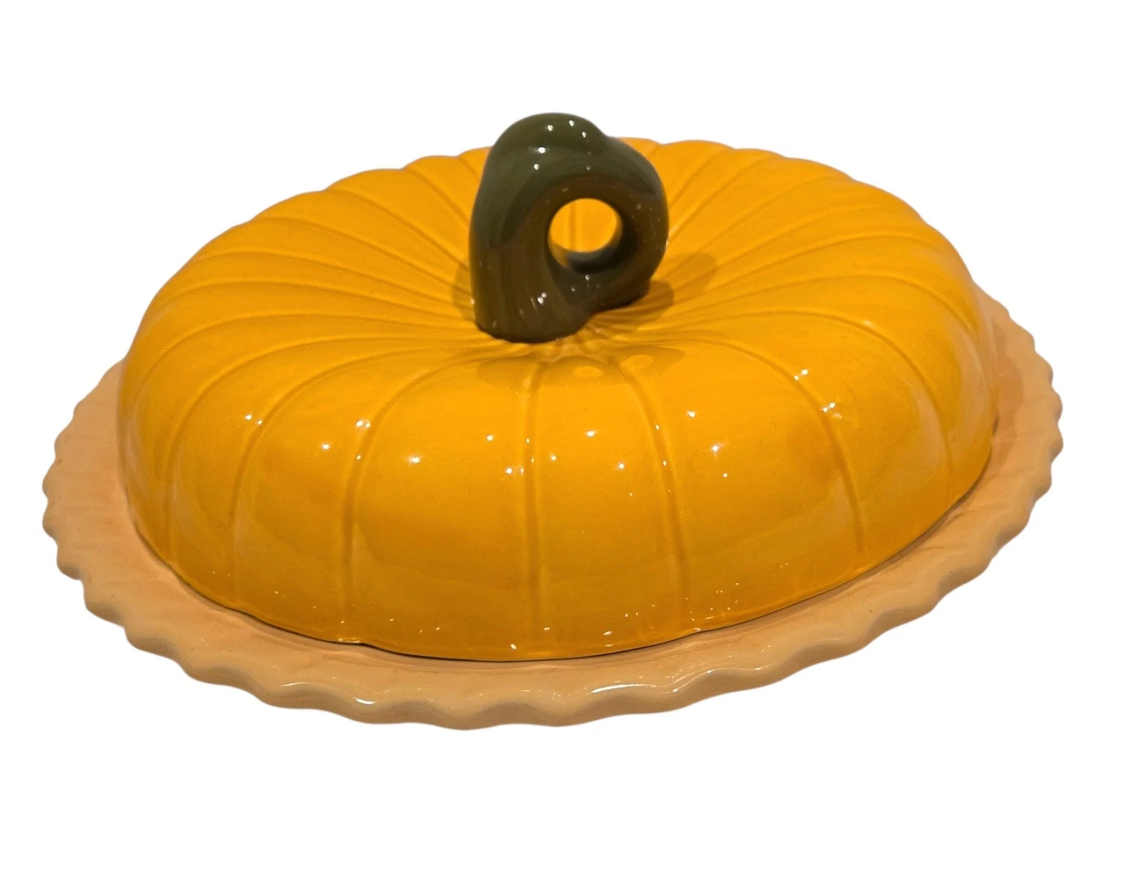 Vintage Ceramic Pumpkin Pie Recipe Pie Plate Fall Dish Baking W/Lid & Stem 11"