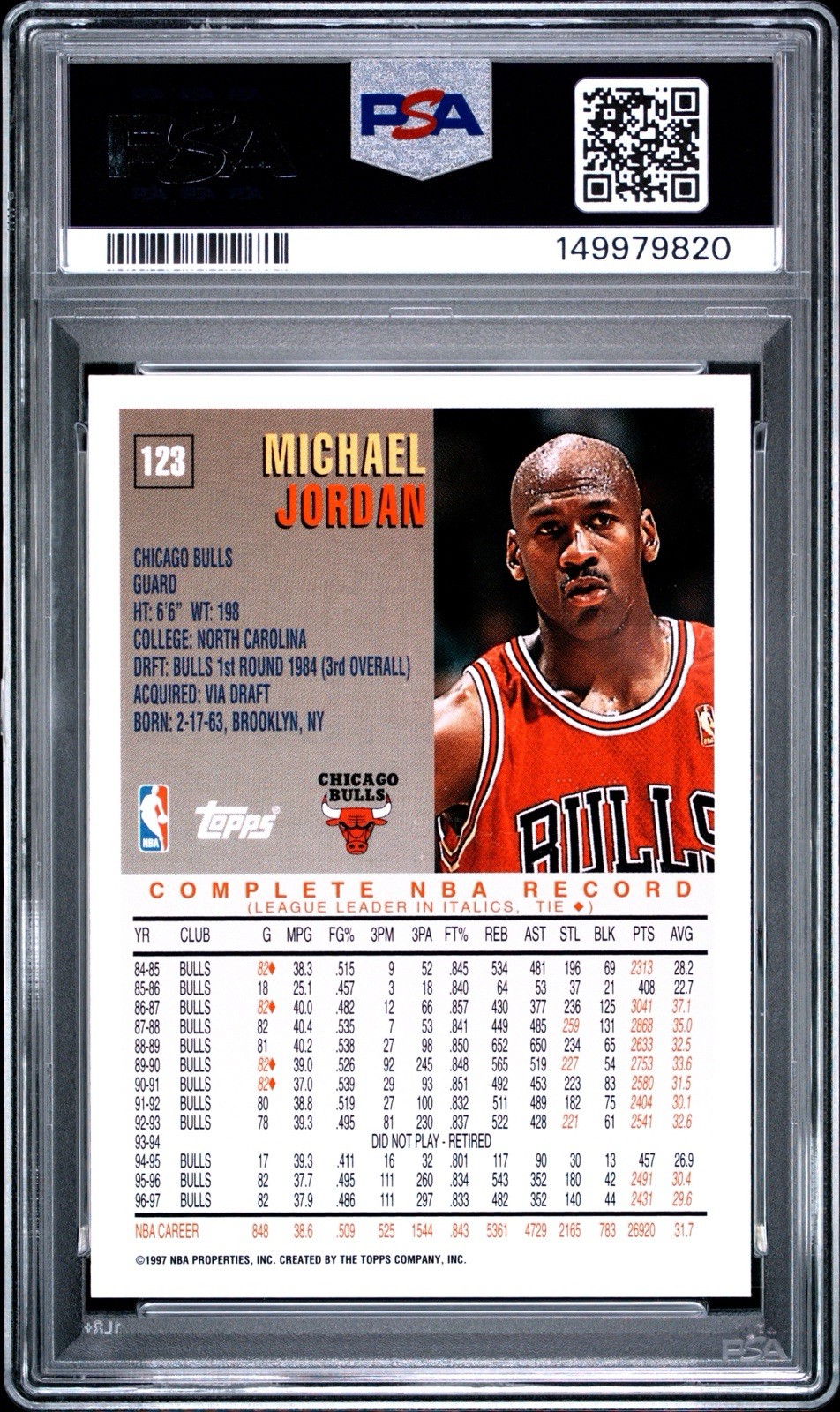 1997 TOPPS #123 MICHAEL JORDAN PSA 9 MINT - BULLS - GOAT view 2