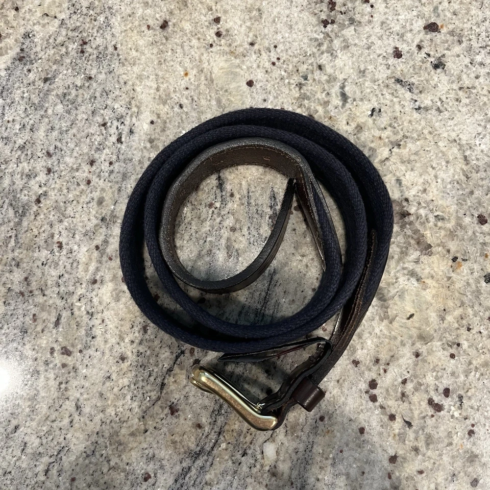 Cinturón Vineyard Vines Hombre 34 Bandera Americana Cinta Azul Algodón Tela Cuero Marrón Foto 3 de 4