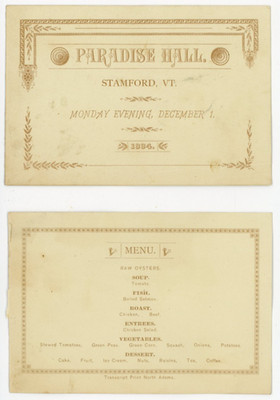 1884 Paradise Hall Stamford, VT Menu P227