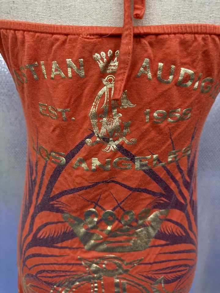 Christian Audigier Dress Womens Sz L Orange Tattoo Art Rhinestone Logo Retro VTG - Image 3 of 4