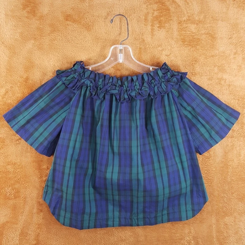 Top para mujer VINEYARD VINES XS azul verde a cuadros con volantes campesinos preppy Foto 3 de 4