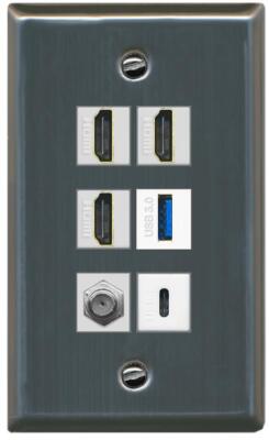 RiteAV 3 HD USB3 USBC Coax Wall Plate - Flat [Stainless Steel]