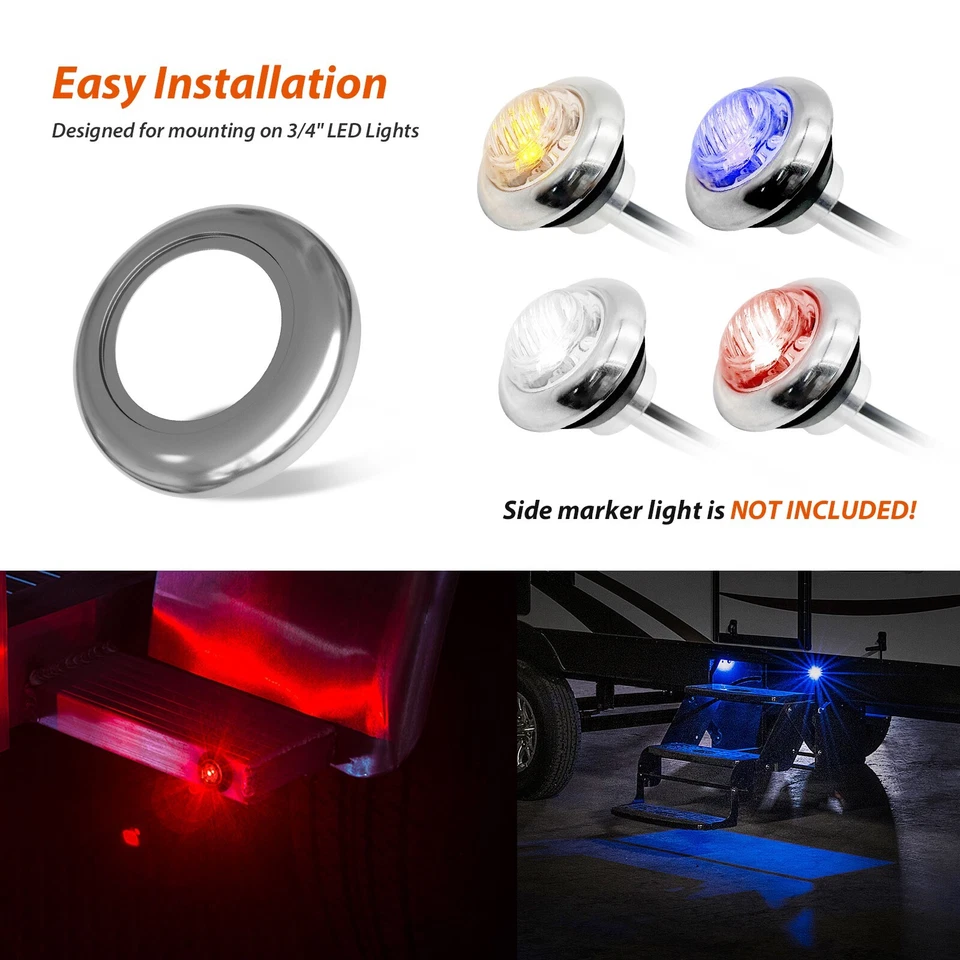 100PCS 3/4" Round Chrome Trim Ring Bezel For 3/4" 12V LED Side Marker Lights Car - Image 4 of 4