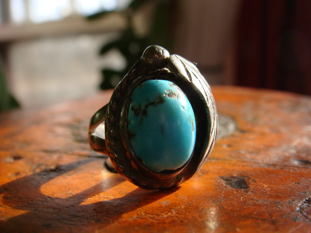 VINTAGE NATIVE AMERICAN NAVAJO STERLING SILVER TURQUOISE FEATHER RING SIZE 2.75