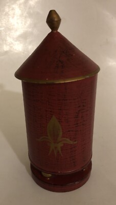Fleur De Lis Tole Decorative Lidded Canister Footed Hand Painted India 8x3  Vtg