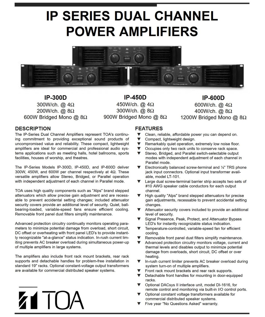 TOA Electronics IP-300D Two-Channel Power Amplifier 300W/CH