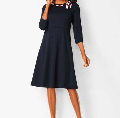 navy blue dress with scarf