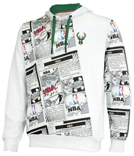 FISLL NBA Men's Milwaukee Bucks Comic Book Newspaper Print Hoodie, White