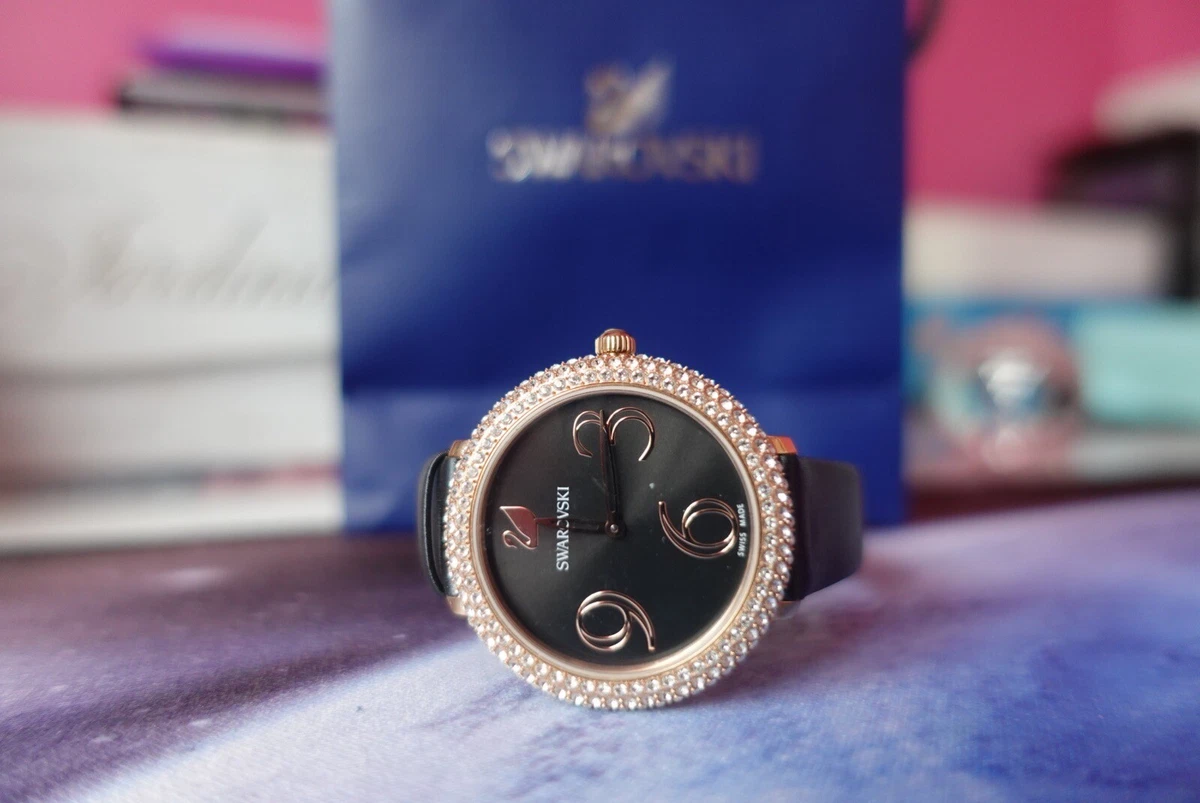 Genuine Swarovski Crystal Rose Gold Toned Leather Watch Superb