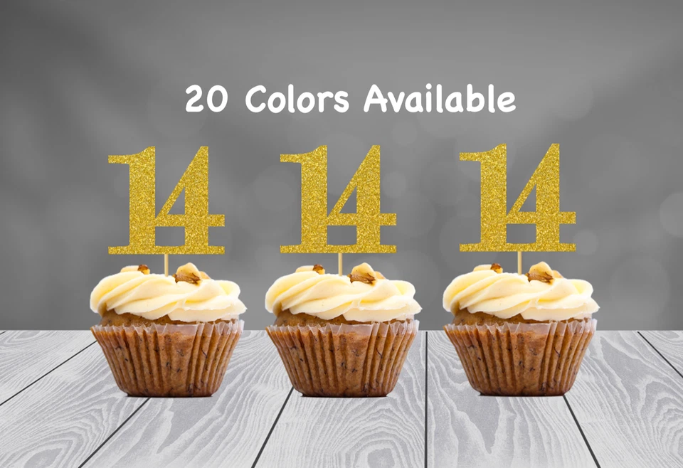 Toppers para Cupcakes Decoración 14 Cumpleaños (JUEGO de 12) 20 Colores Brillo Disponibles Foto 3 de 4