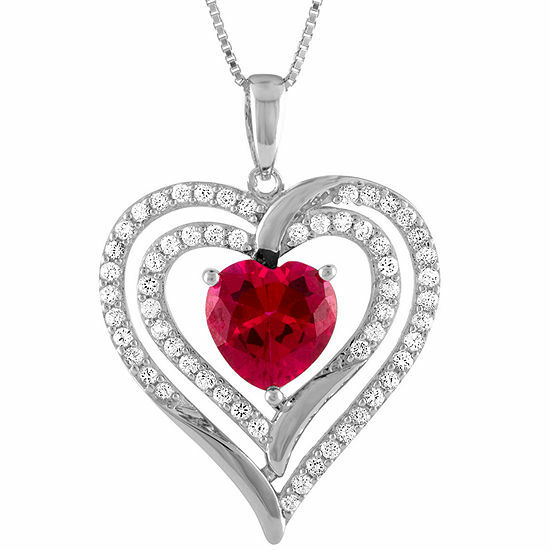 Heart Shape Ruby Diamond Sterling Silver Double Heart Pendant