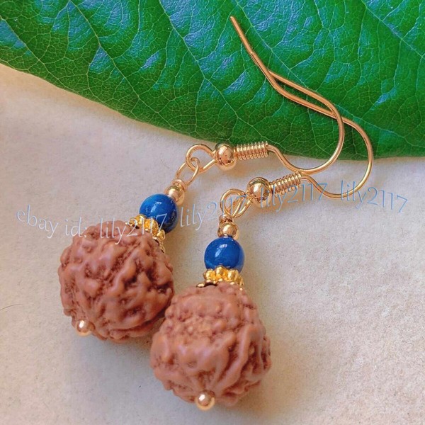Alternate view of Genuine Natural Brown Rudraksha Bodhi Round Lapis Lazuli Beads Dangle Earrings