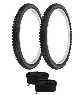 PAIR OF BLACK BICYCLE PRO+ MOUNTAIN TIRES W/TUBES IN 24 X 2.10 ROCKY WOLF TREAD.
