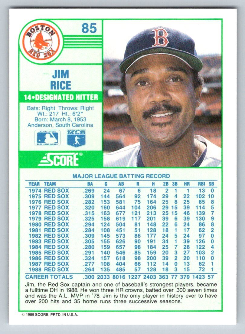 1989 Score 85 Jim Rice Boston Red Sox eBay