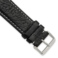 24mm 8.5" Long Black Leather White Stitch Silver-tone Buckle Watch Band