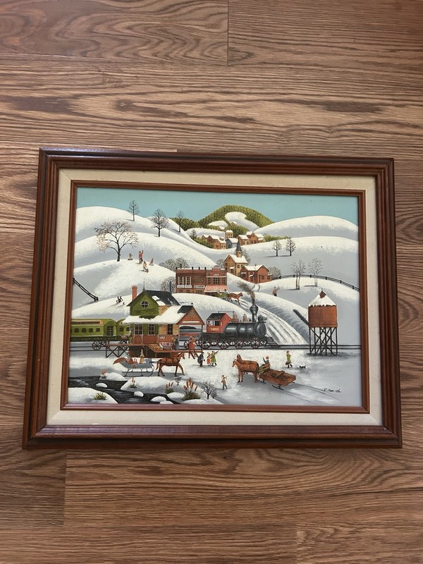 Framed Folk Art Style Oil On Canvas Train Station In Winter R. Smith
