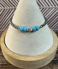 Native Southwest Style Sterling 3mm Desert Pearls Kingman Turquoise Bracelet 6.5