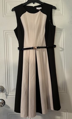 Calvin Klein Sz 10 Black & Beige Sleeveless Fit & Flare Dress 