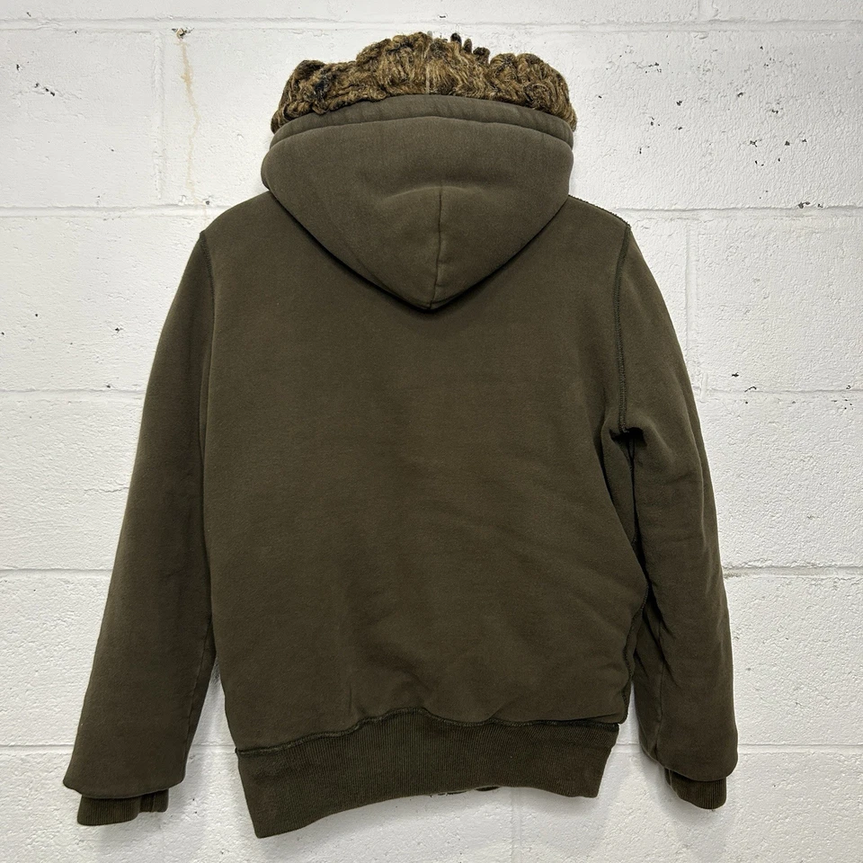 De Colección Y2K Hollister Imitación Piel Forrada a Cuadros Chaqueta Pesada Sudadera con Capucha Cremallera Completa “Oliva” Foto 2 de 4