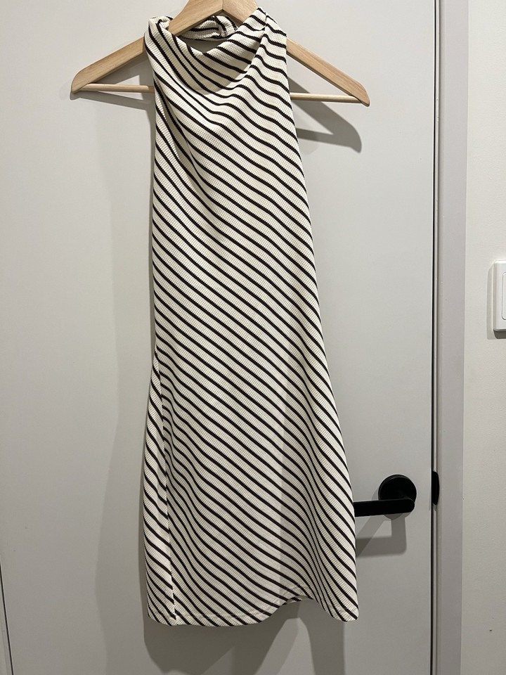 Retro Brown Cream Striped Halter Bare Back Bodycon Mini Party Dress.  Size S