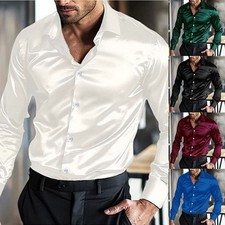 Satin Silk Mens Long Sleeve Casual Shirt Disco Club Wedding Party Button Down