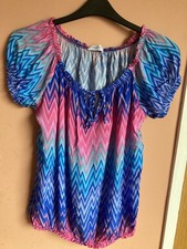 Ladies Cerulean Blue & Pink Bardot Top With Elasticated Hem Medium