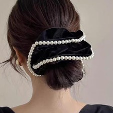 Large Black Velvet Pearl Hair Scrunchies Tie Jumbo Elastic Thick Hairband