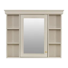 Wall-mounted storage cabinet with mirror door, featuring 6 open shelves