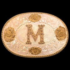Letter M Western Paisley Flowers Vintage Belt Buckle by Crumrine