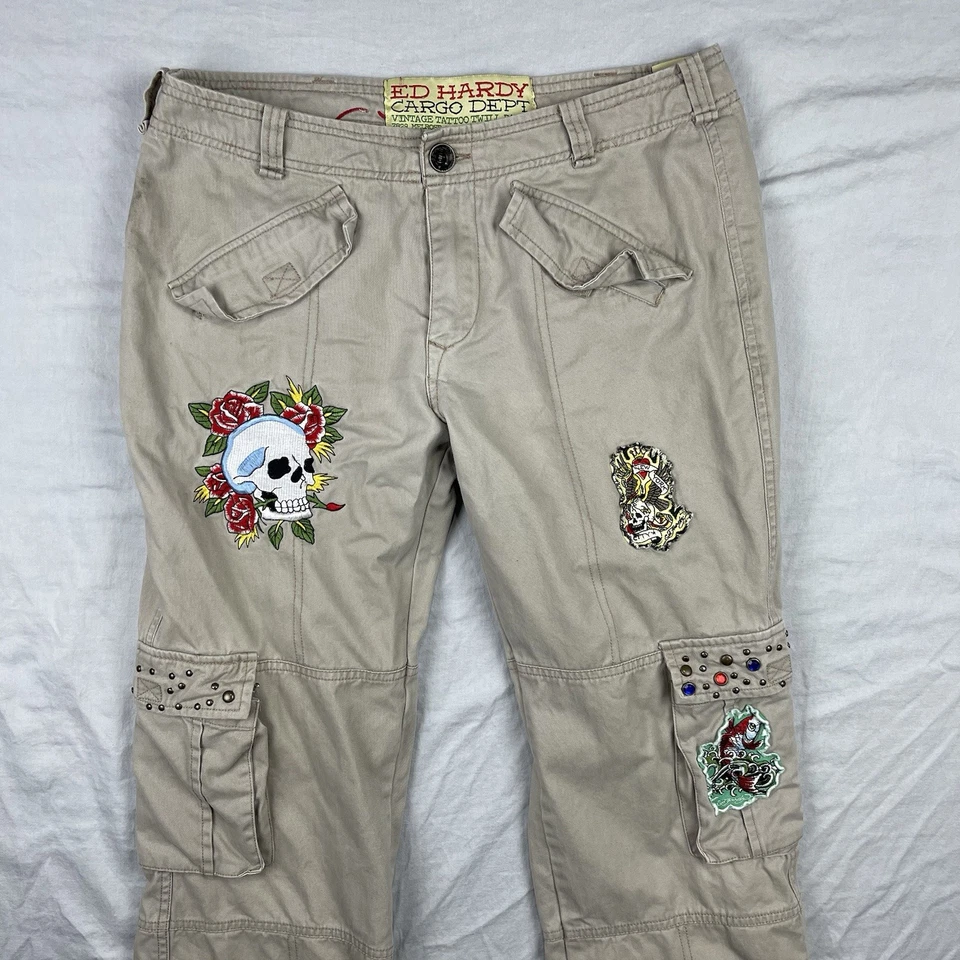 Vintage Ed Hardy Cargo Pants Women 29 Paratrooper Y2K Patches Studded Rhinestone - Image 2 of 4