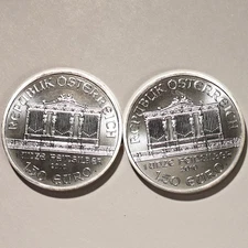 Lot Of (2) 2010 Austrian Philharmonic .999 Silver Bullion 1.5 Euro 1 Oz Coins